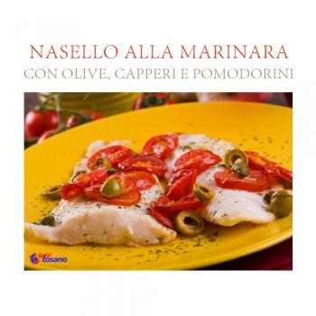 Nasello alla marinara con olive. capperi e pomodorini