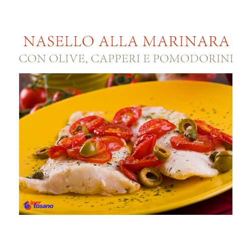 Nasello alla marinara con olive. capperi e pomodorini Nasello alla marinara con olive. capperi e pomodorini